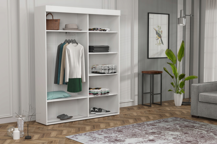 Szafa Allam 202 cm, głęb. 45 cm (slim): 4 półki (prawo) + 2 półki i poprzeczny wiszak (lewo). Biała z front lustro + korpus. 11 szerokości.