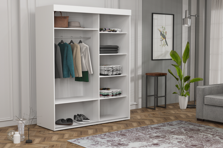 Szafa Allam 202 cm, głęb. 61 cm: 4 półki (prawo) + 2 półki i drążek (lewo). Biała z aluminium, front lustro + korpus. 11 szerokości, 2 głębokości.