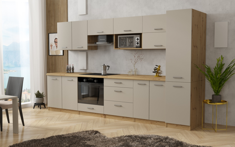 Zestaw mebli kuchennych:4 szafki wiszące(w tym na mikrofalę), 4 dolne (pod zlew i piekarnik), blat 260 cm, szafka stojąca 205 cm. Fronty kaszmir  ,korpus i blat – dąb artisan . Dostawa zmontowane.png