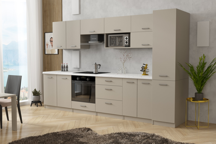 Zestaw mebli kuchennych:4 szafki wiszące(w tym na mikrofalę), 4 dolne (pod zlew i piekarnik), blat 260 cm, szafka stojąca 205 cm. Fronty i korpus kaszmir , blat – biały. Dostawa zmontowane.png