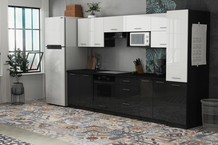 Zestaw mebli kuchennych:4 szafki wiszące(w tym na mikrofalę), 4 dolne (pod zlew i piekarnik), blat 260 cm, szafka stojąca 205 cm. Fronty biały+czarny MDF, korpus  i blat – czarny. Dostawa zmontowane.png