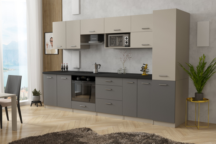 Zestaw mebli kuchennych:4 szafki wiszące(w tym na mikrofalę), 4 dolne (pod zlew i piekarnik), blat 260 cm, szafka stojąca 205 cm. Fronty kaszmir + antracyt ,korpus  kaszmir i blat – czarny. Dostawa zmontowane.png
