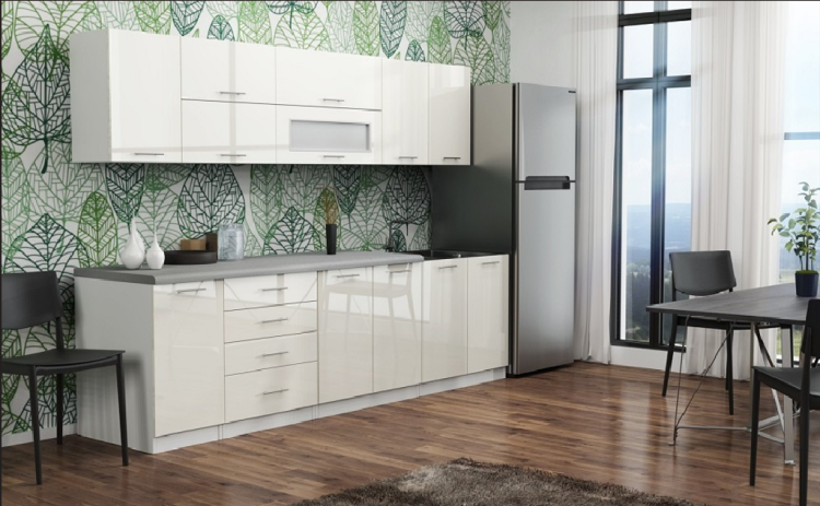Jasna i elegancka kuchnia FRESCO A4 – zestaw mebli z białym korpusem i frontami w połysku, dopełniony blatem K207, 8-szafkowy układ idealny do nowoczesnych wnętrz.
