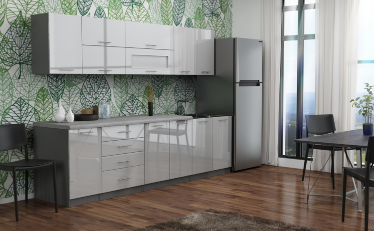 Kuchnia FRESCO A2 z antracytowym korpusem, aluminiowymi frontami i blatem K207 – stylowy zestaw mebli składający się z 8 szafek górnych i dolnych.