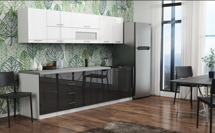 Stylowy zestaw mebli FRESCO A6 z białym korpusem i frontami w czarnym połysku, blat K207 – komplet 8 szafek z szufladami, półkami i przestrzenią pod zlew.