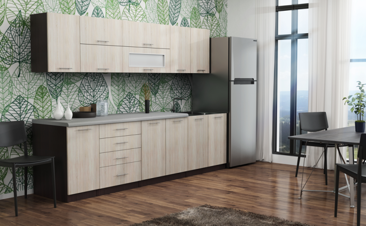 Ciepły i przytulny zestaw kuchenny FRESCO A7 z korpusem w kolorze kasztan wenge, frontami dąb sonoma oraz blatem K207 – klasyczny układ 8 szafek do każdej kuchni.