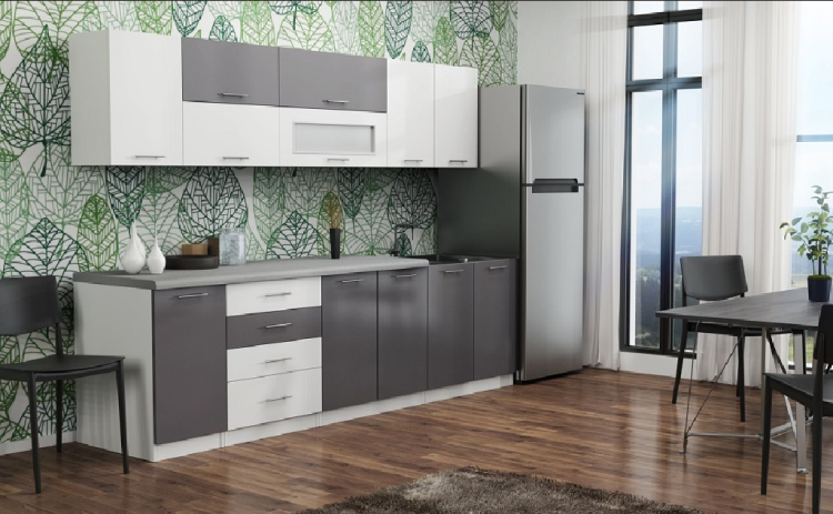 Zestaw mebli kuchennych FRESCO A1 z białym korpusem, frontami w grafitowym i białym połysku oraz blatem K207, 8 szafek – praktyczne i nowoczesne rozwiązanie do kuchni.