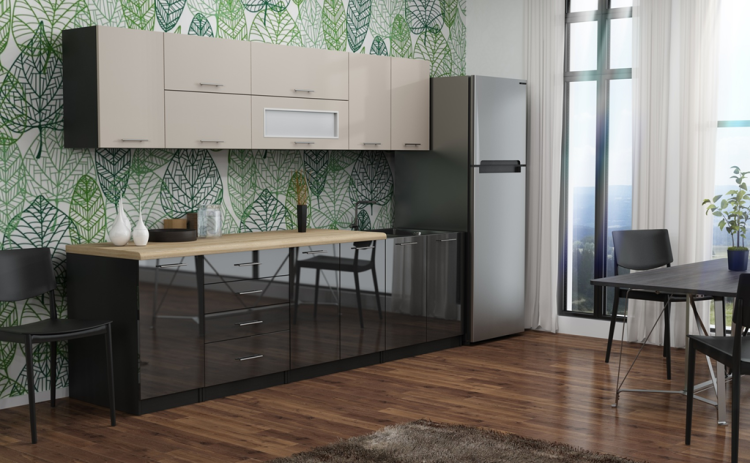 Elegancki zestaw kuchenny FRESCO A5 z czarnym korpusem, dolnymi frontami w czarnym połysku i górnymi w matowym kaszmirze, blat dąb sonoma – 8 szafek do nowoczesnej kuchni.