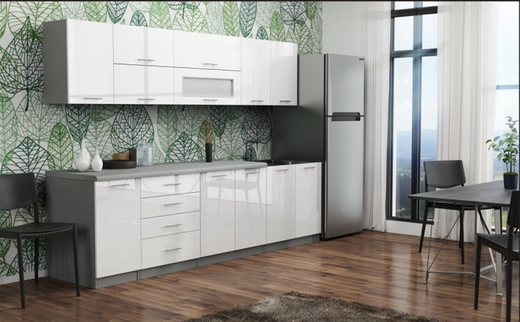 Nowoczesny komplet kuchenny FRESCO A3 – antracytowy korpus, białe fronty w połysku, blat K207 – funkcjonalny układ 8 szafek z miejscem na zlew, szuflady i ociekacz.