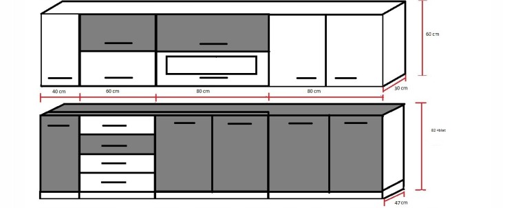 Grafika wymiarów zestawu mebli kuchennych FRESCO A: 4 szafki wiszące , 4 dolne (pod zlew ) z szufladami, blat 180 cm . Meble gotowe do montażu .