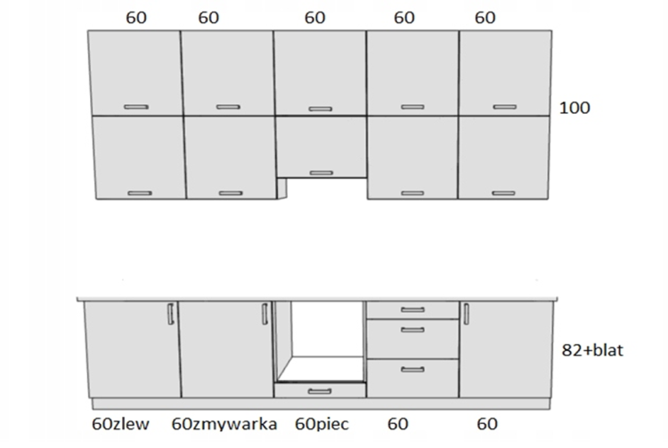 Grafika wymiarów zestawu mebli kuchennych POLA : 5 szafek wiszących wysokości 100cm  , 5 dolne (pod zlew ) z szufladami, blat 300 cm . Meble gotowe do montażu .