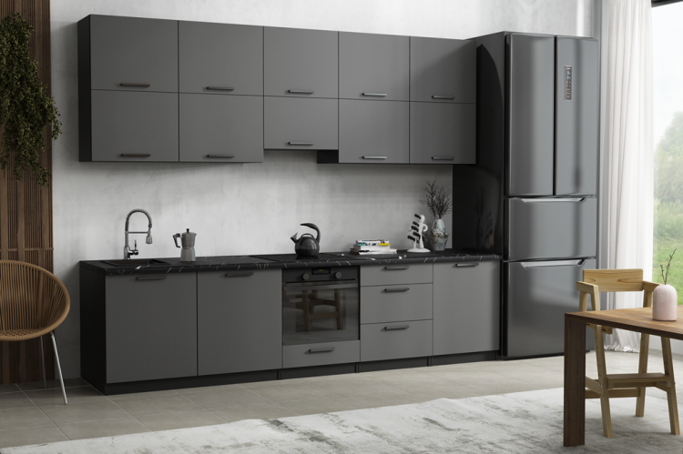 Elegancki zestaw kuchenny POLA 4 – czarny korpus, fronty w kolorze antracyt i czarny blat 300 cm. Zestaw obejmuje 10 bardzo pojemnych szafek, w tym szafki wiszące o wysokości 100 cm.