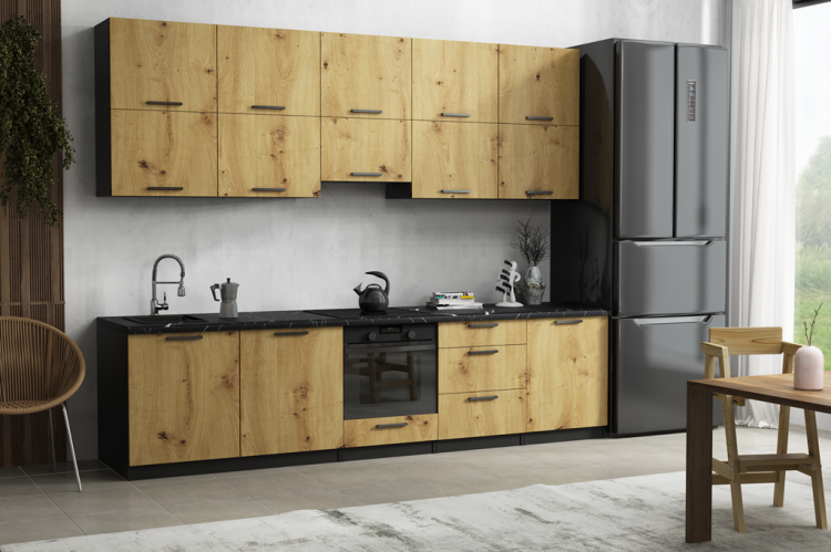 Nowoczesna kuchnia POLA 2 – czarny korpus, fronty dąb artisan, czarny blat 300 cm. Zestaw składa się z 10 szafek (5 dolnych, 5 wiszących), idealnych do zabudowy zmywarki, piekarnika i szuflad. Zestaw wyróżnia się dużą pojemnością i eleganckimi uchwytami.