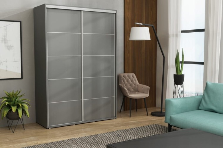 Szafa Iga czarny antracyt z aluminiowymi paskami ozdobnymi, nowoczesna szafa przesuwna w stylu loft 242 cm