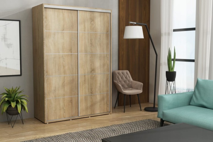 Szafa Iga dąb sonoma z aluminiowymi ozdobami na froncie, funkcjonalna szafa przesuwna 242 cm