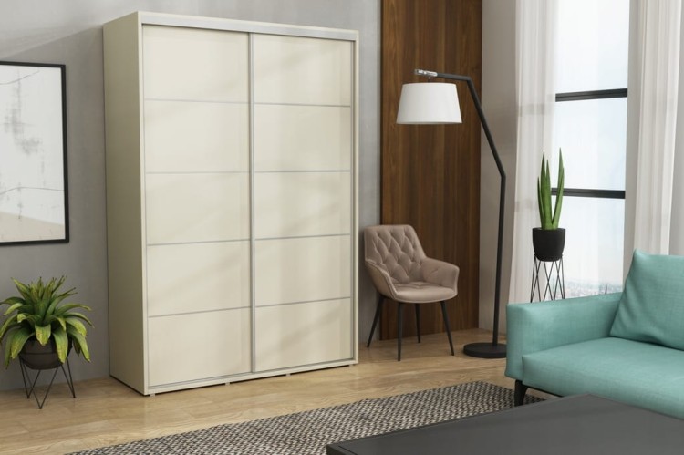 Szafa Iga kremowa z aluminiowymi akcentami na frontach, nowoczesna i pojemna szafa przesuwna 242 cm