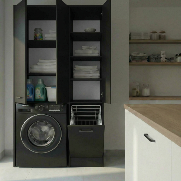 Zabudowa pralki DUO czarny loft – półki nad pralką i kosz na bieliznę, cichy domyk