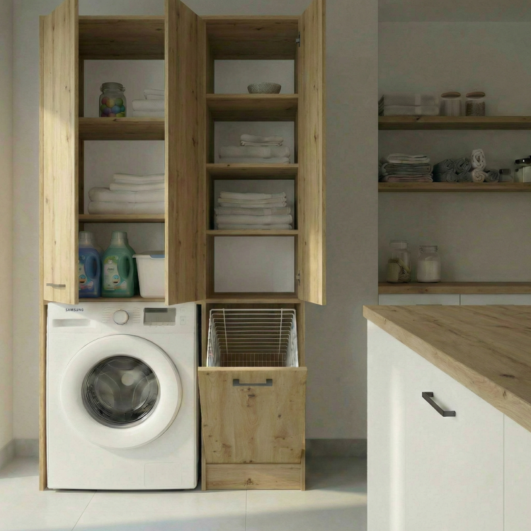 Szafka nad pralkę DUO Artisan – widok na otwarte półki i wbudowany kosz na bieliznę