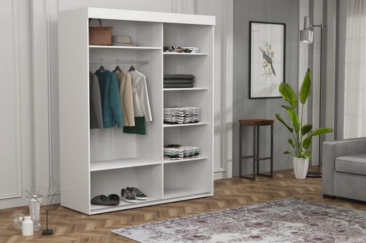 Szafa Allam 202 cm, głęb. 61 cm: 4 półki (prawo) + 2 półki i drążek (lewo). Biała z aluminium, front lustro + korpus. 11 szerokości, 2 głębokości.