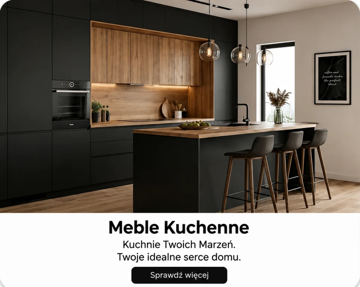 Meble kuchenne na wymiar z wyspą, szafkami dolnymi i wiszącymi oraz drewnianym blatem.