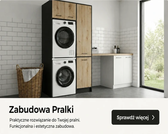 Zabudowa pralki i suszarki w nowoczesnej pralni z pojemnymi szafkami do przechowywania.